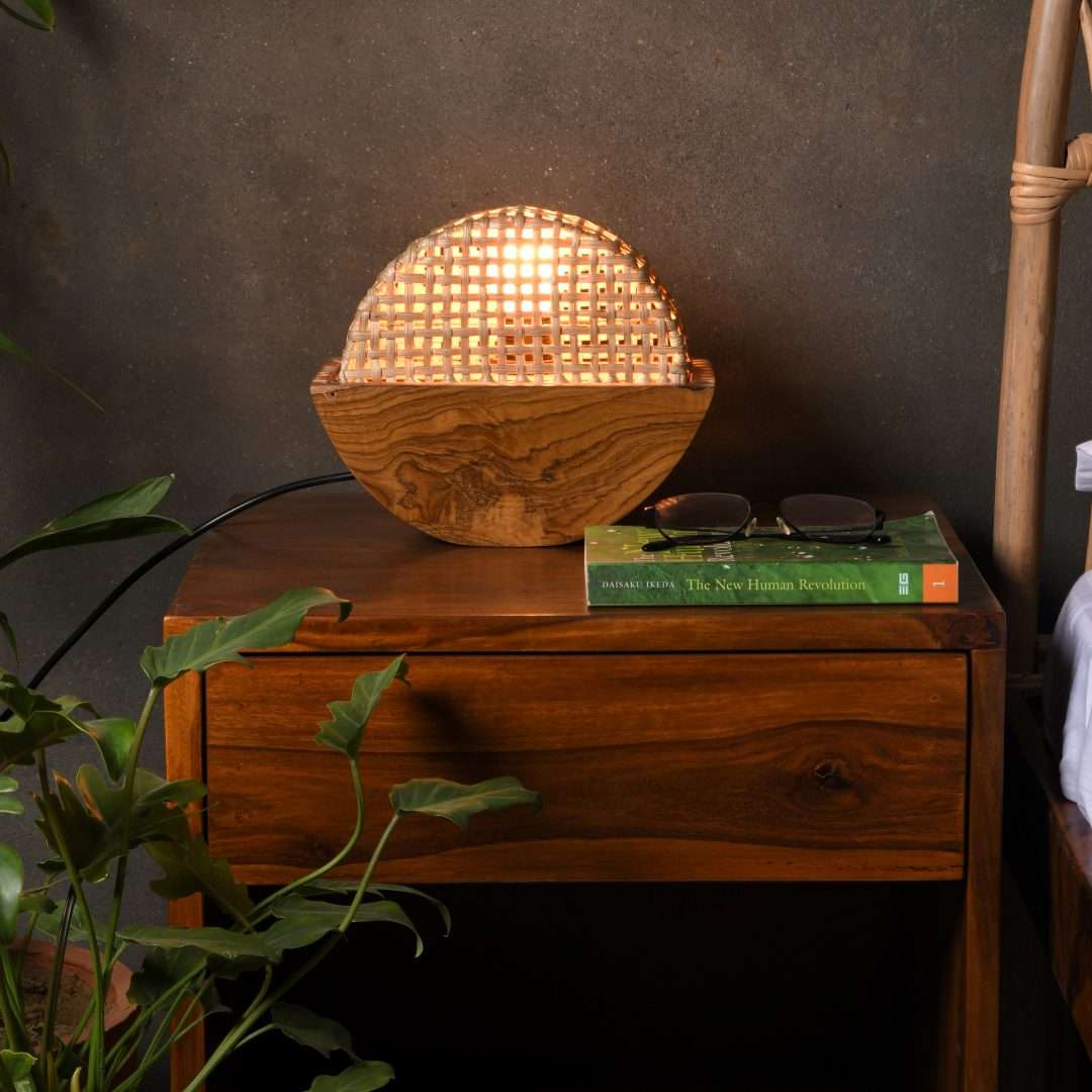 Noksen Table Lamp, Teak and Cane