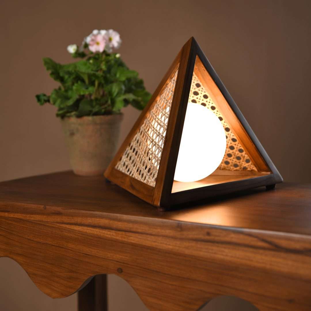Twilight Prism Table Lamp, Teak and Cane